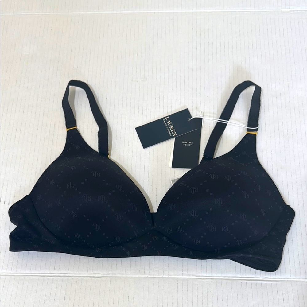 NWT LAUREN RALPH LAUREN Wireless Black Logo Bra Size 38C